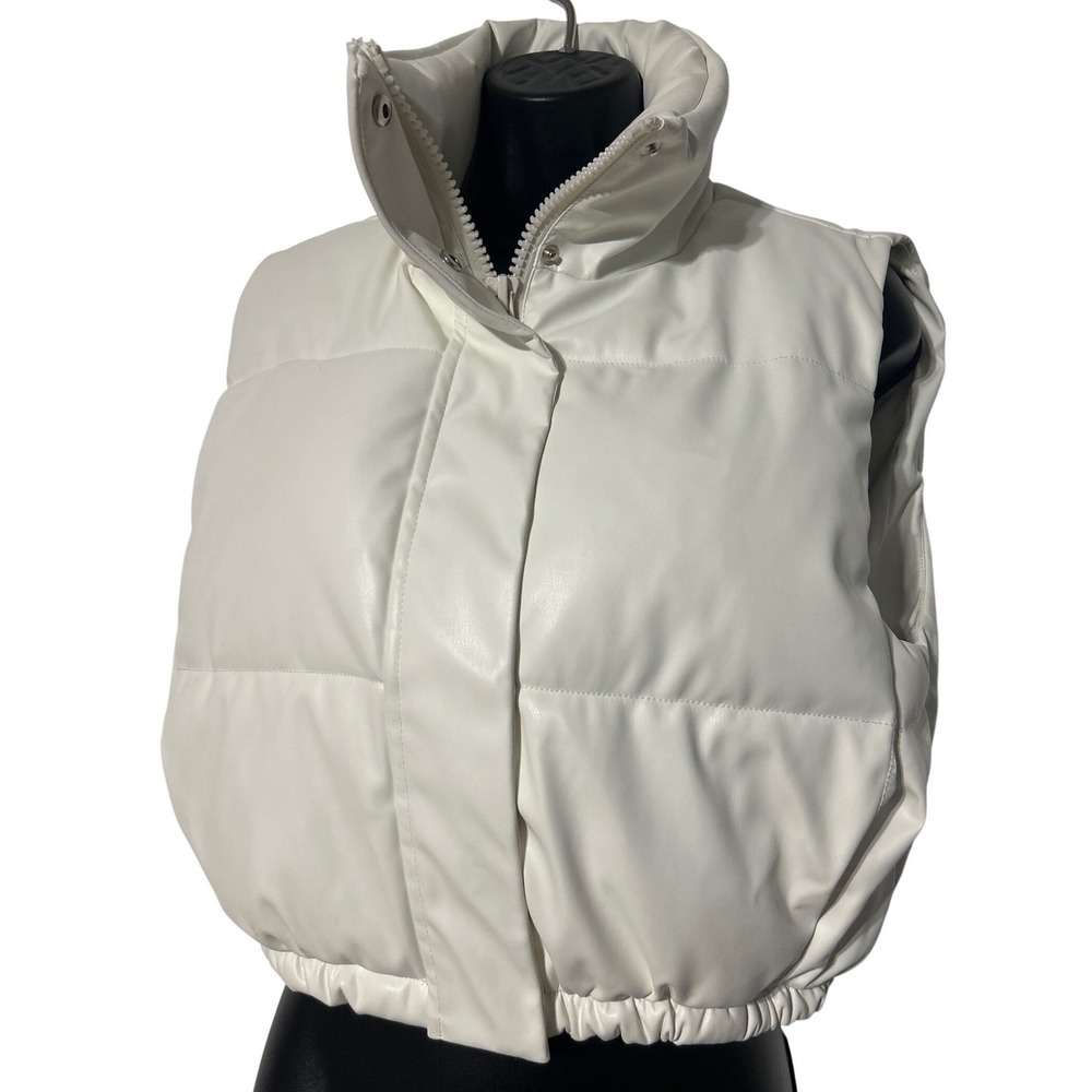 COMMENSE Women White Faux Leather Puffer Vest Cropped High Funnel Neck Zip S